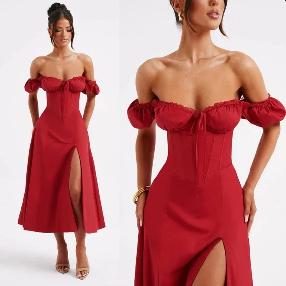 Babyboo Courtney Red Off-Shoulder Corset Midi Dress with Slit - Picture 3 of 13